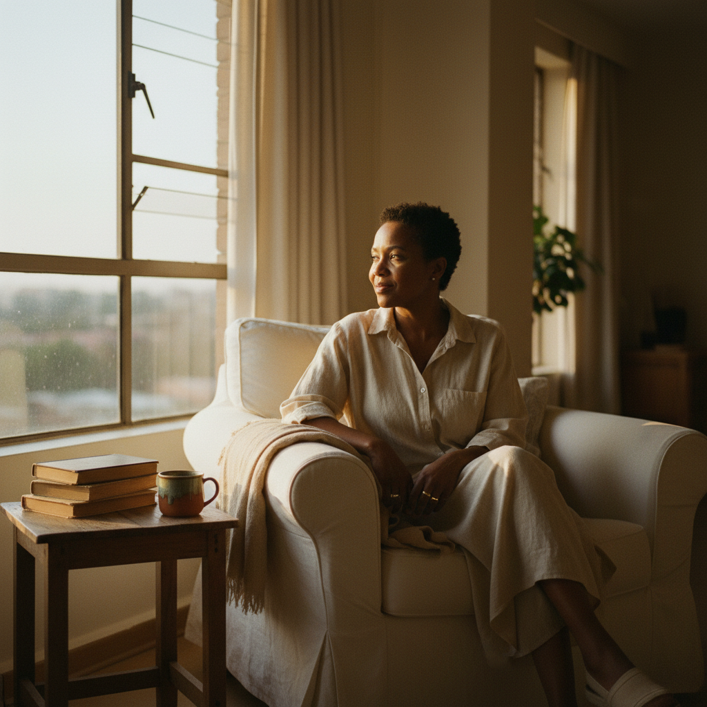 A South African business owner working calmly at a sunlit desk, no phone in hand